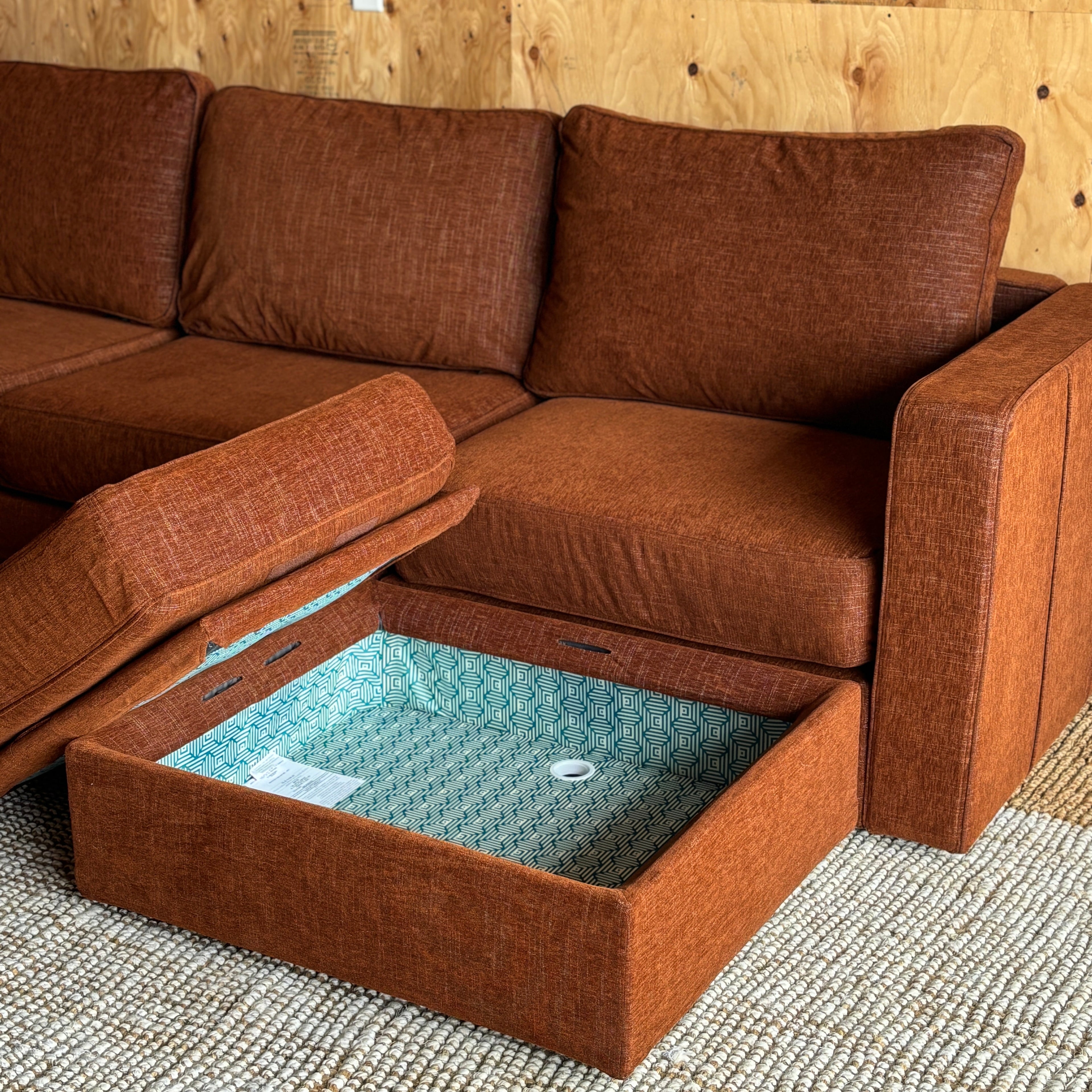 Terracotta Rained Chenille — Lovesac Sactional 5 Seats (1Storage) + 5 Sides Lovesoft Fill